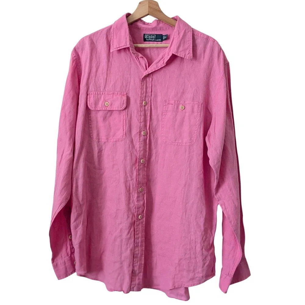 Polo‎ Ralph Lauren Pink 100% Linen Button Down Shirt Mens XL Long Sleeve Pockets